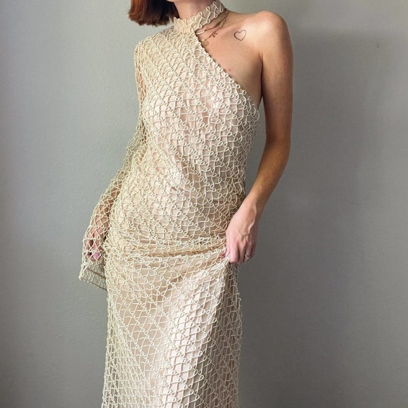 Sandra Mansour Cream Crochet Net One Shoulder Asymmetric Maxi Dress - Picture 5 of 12